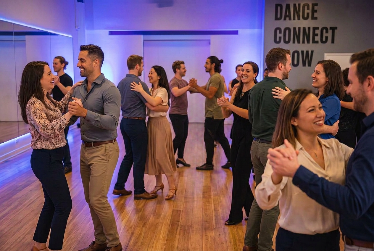 Group of couples dancing together in a ballroom class